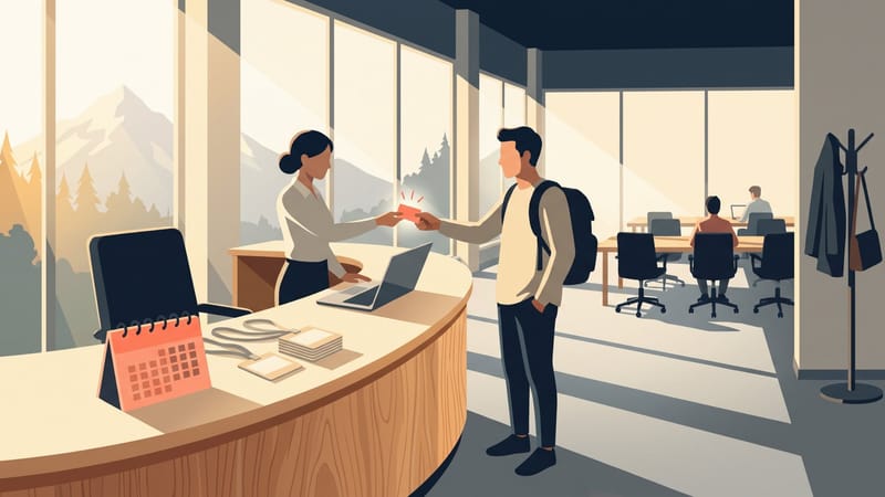 Réceptionniste accueillant un client nomade portant un sac à dos à l'entrée d'un espace de coworking lumineux à Bordeaux