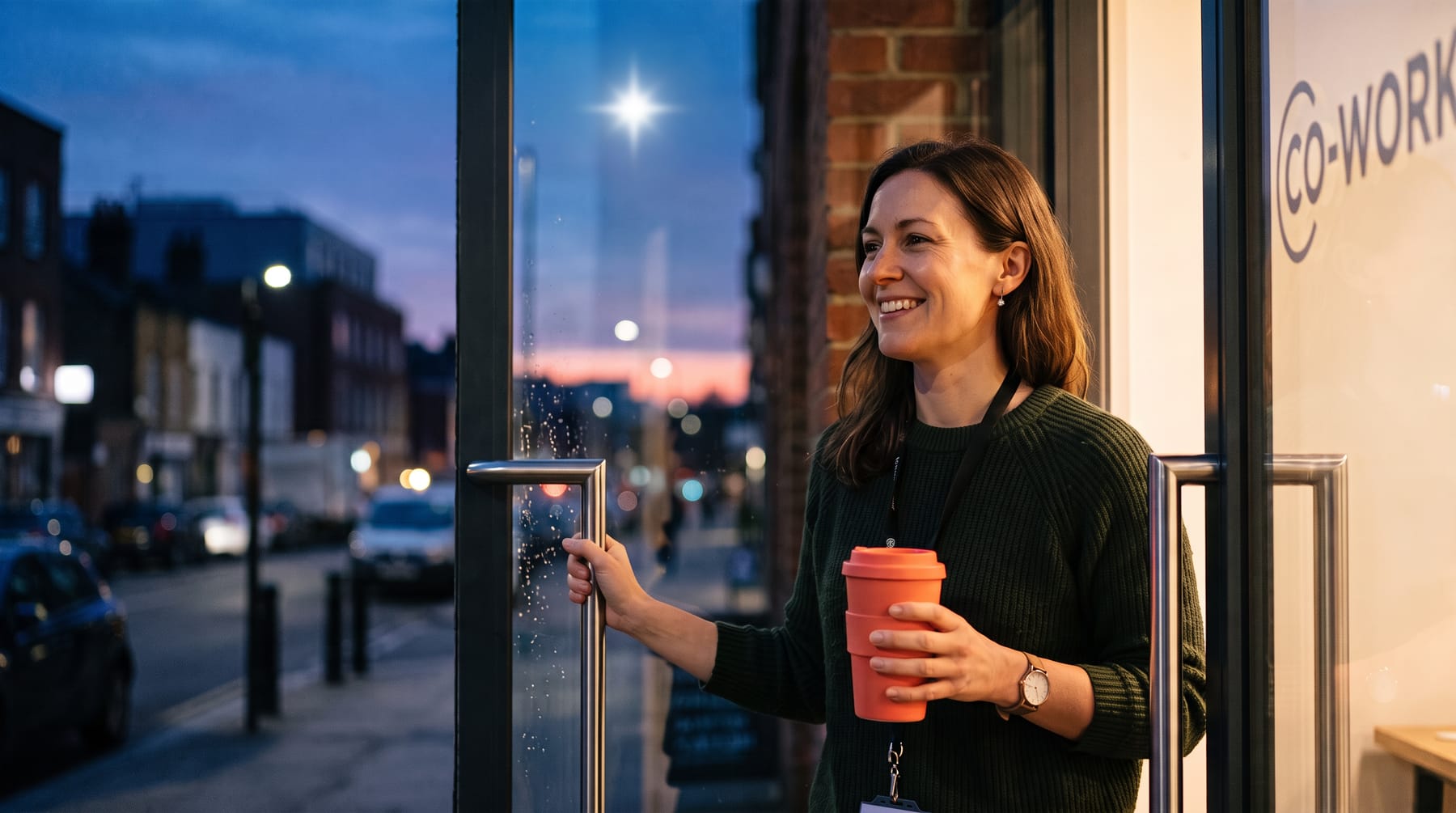 Au crépuscule, l'étoile du soir au-dessus de la rue ; une membre souriante pousse la porte vitrée de son coworking, un café à la main