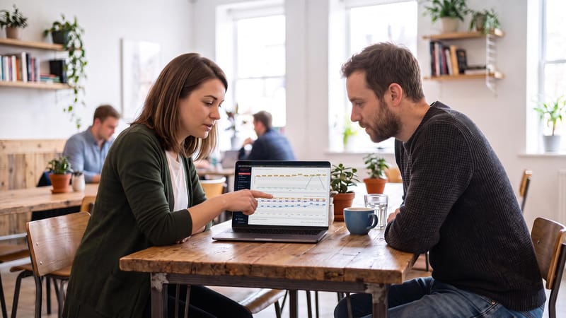 Une femme montrant un tableau de bord sur un ordinateur portable à un collègue dans un espace de coworking à Bordeaux
